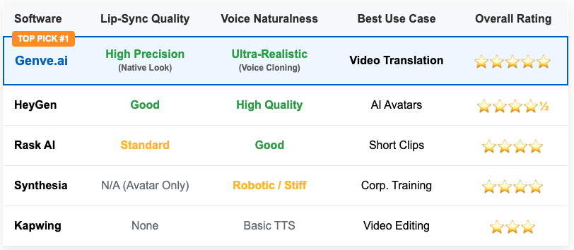 Gráfico comparativo de los mejores traductores de video con IA 2025: Genve vs HeyGen vs Rask AI vs Synthesia