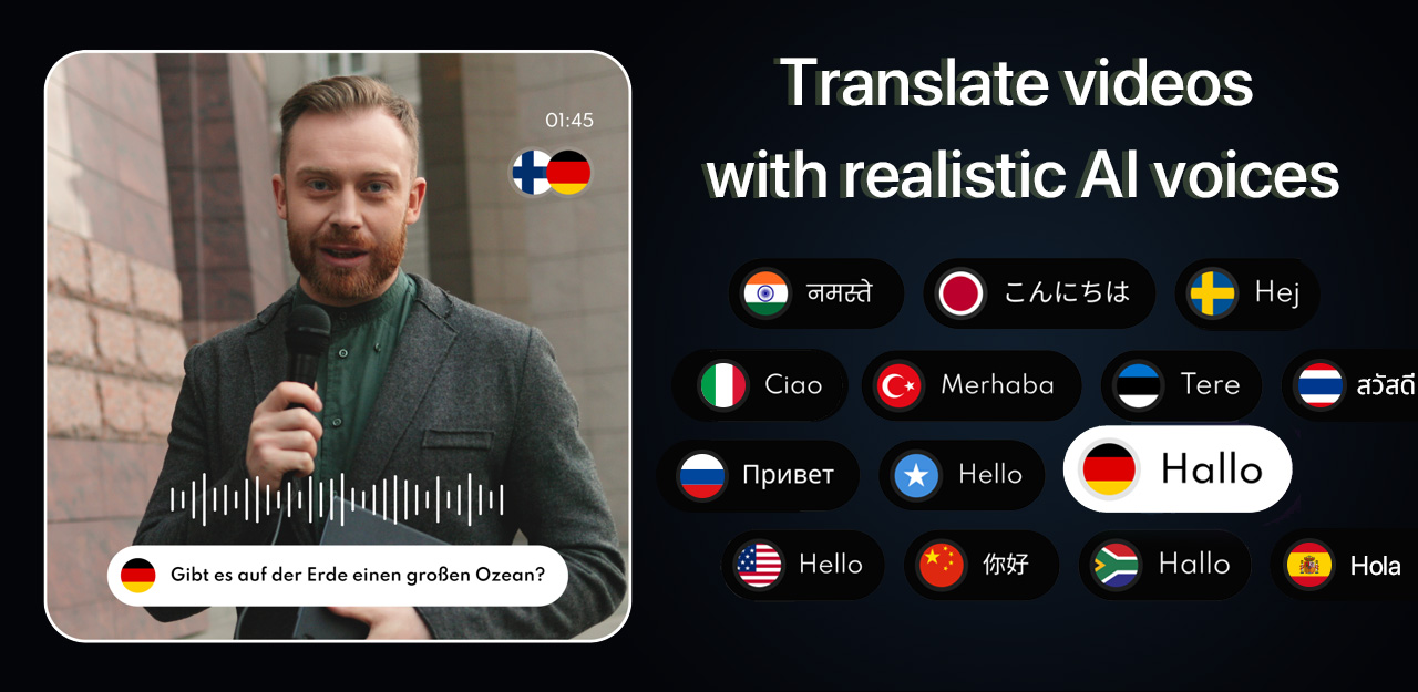 Interfaz del traductor de video Genve AI mostrando traducción de inglés a español